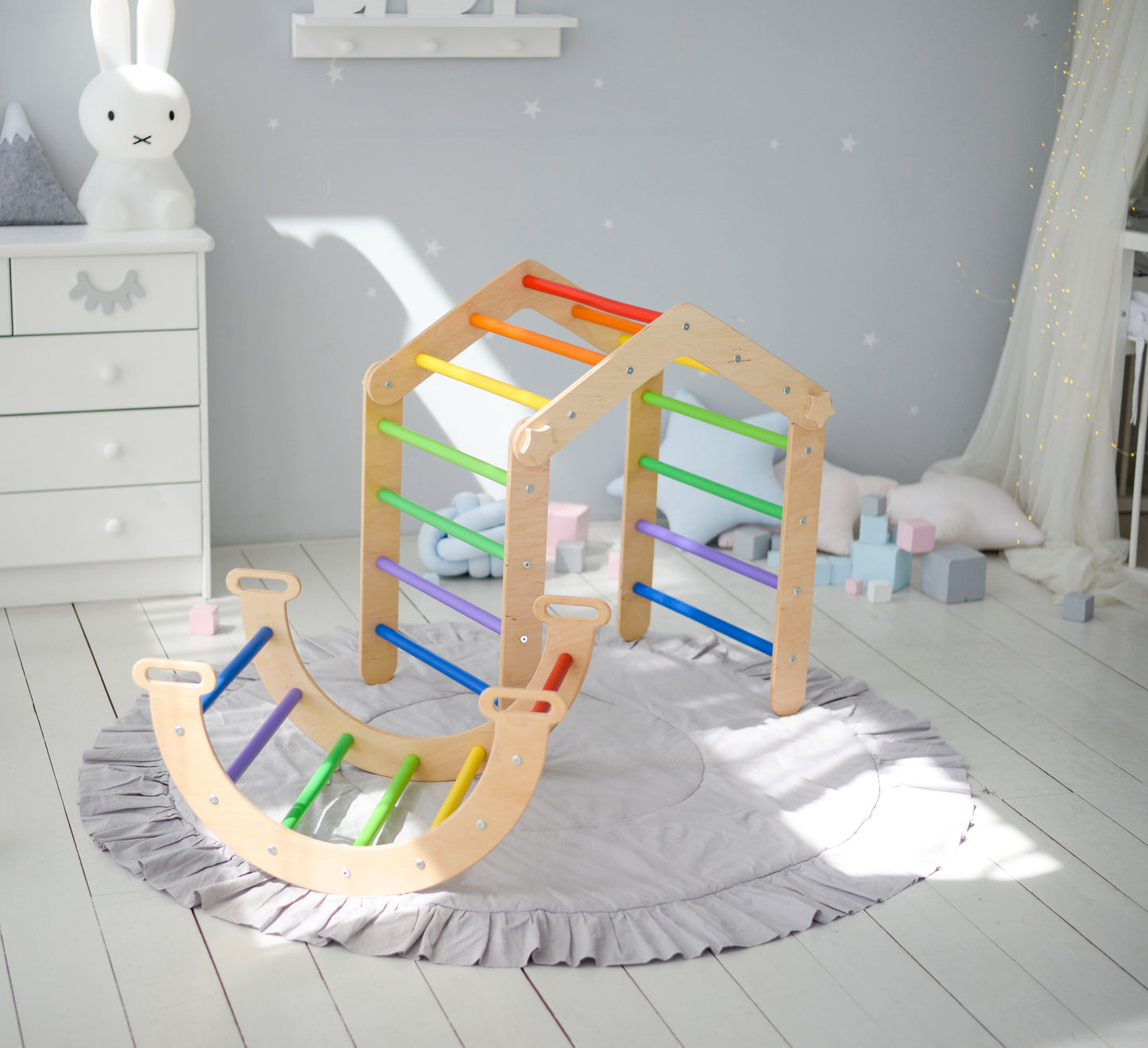 Montessori Climbing set: Development Transformable Triangle, Climbing Arch + Pillow,  Ramp with Slide