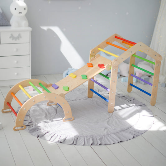 Montessori Climbing set: Development Transformable Triangle, Climbing Arch + Pillow,  Ramp with Slide