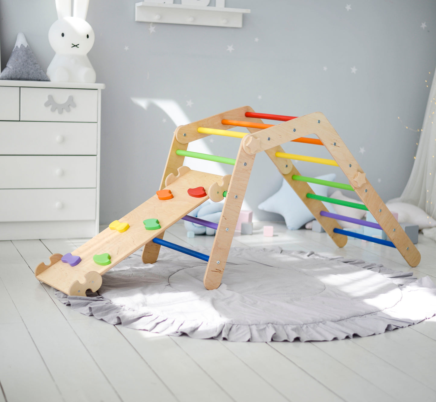 Montessori Climbing set: Development Transformable Triangle, Climbing Arch + Pillow,  Ramp with Slide