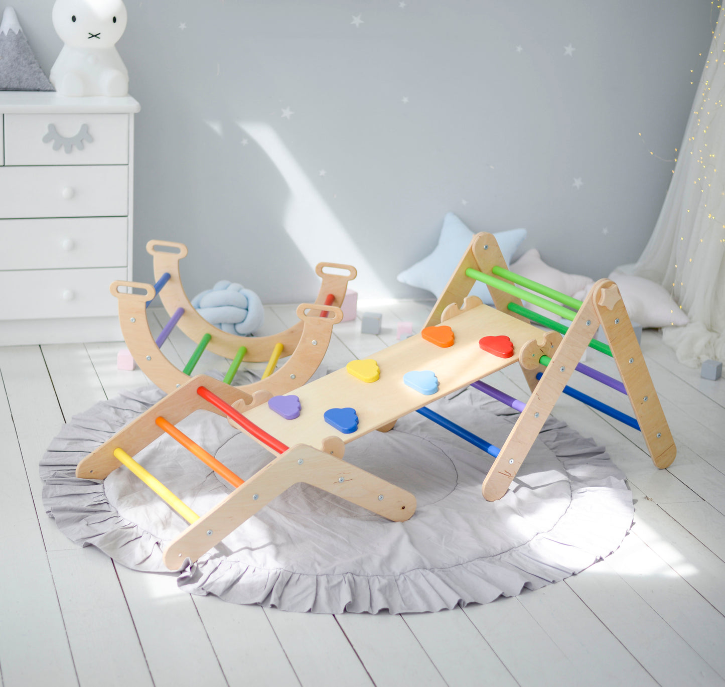 Montessori Climbing set: Development Transformable Triangle, Climbing Arch + Pillow,  Ramp with Slide